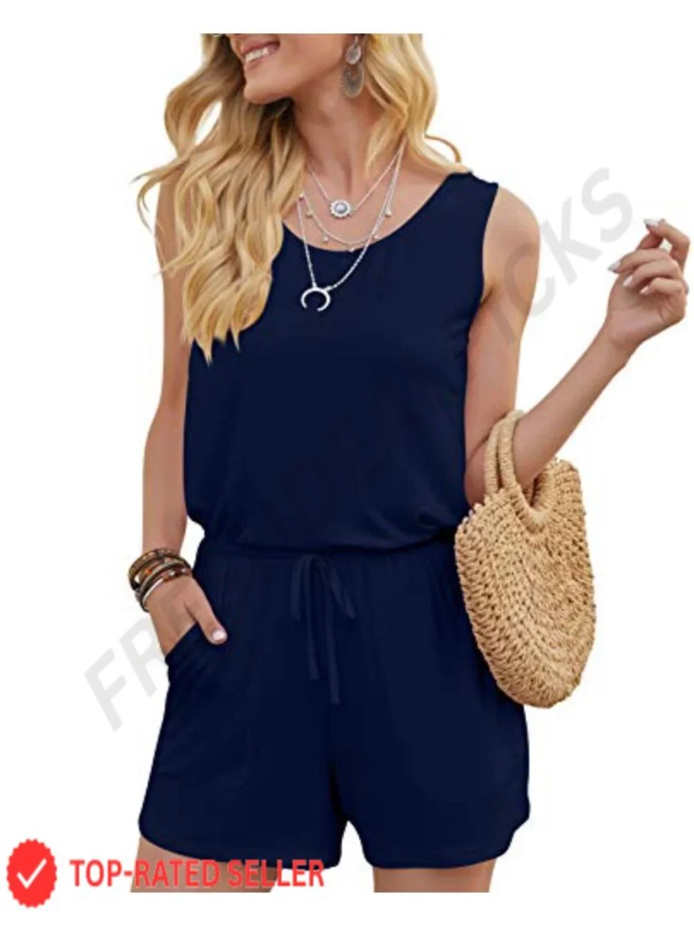 Womens Sleeveless Loose Romper with Pockets Summer Casual